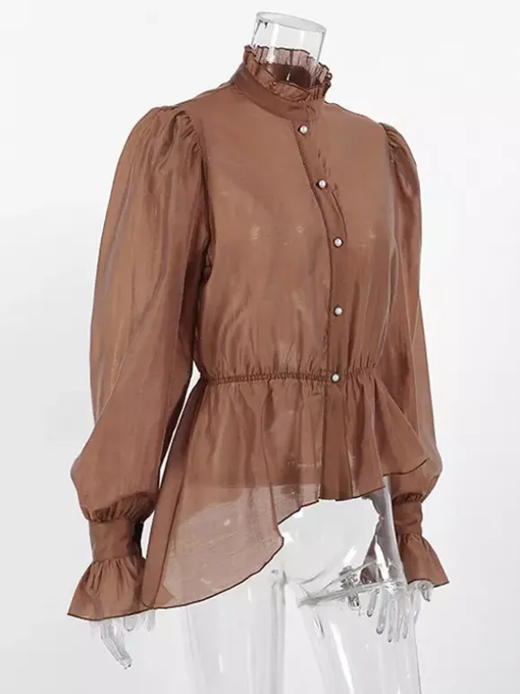 Blouse For Women Brown Stand Collar Clothes Casual Lace Buttons Long Sleeves Tops
