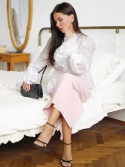 Blouse For Women Brown Stand Collar Clothes Casual Lace Buttons Long Sleeves Tops