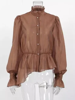Blouse For Women Brown Stand Collar Clothes Casual Lace Buttons Long Sleeves Tops