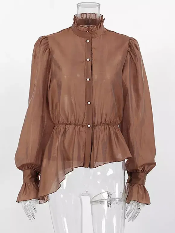 Blouse For Women Brown Stand Collar Clothes Casual Lace Buttons Long Sleeves Tops