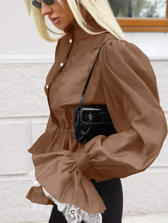 Blouse For Women Brown Stand Collar Clothes Casual Lace Buttons Long Sleeves Tops