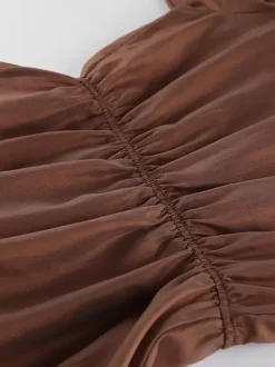 Blouse For Women Brown Stand Collar Clothes Casual Lace Buttons Long Sleeves Tops