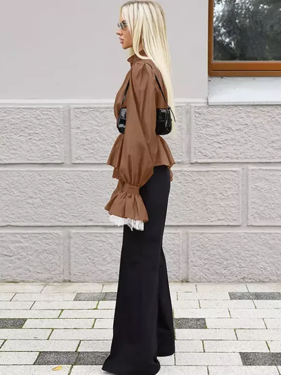 Blouse For Women Brown Stand Collar Clothes Casual Lace Buttons Long Sleeves Tops
