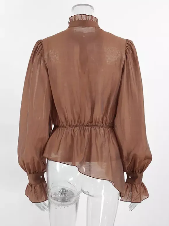Blouse For Women Brown Stand Collar Clothes Casual Lace Buttons Long Sleeves Tops