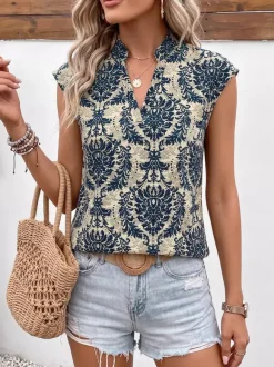 Blouse For Women Deep Blue Printed Stand Collar Chic Sleeveless Tops