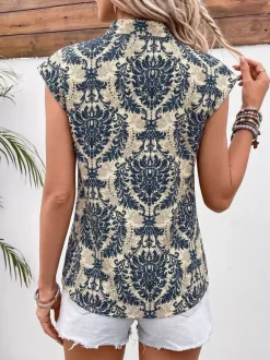 Blouse For Women Deep Blue Printed Stand Collar Chic Sleeveless Tops