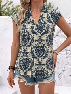 Blouse For Women Deep Blue Printed Stand Collar Chic Sleeveless Tops