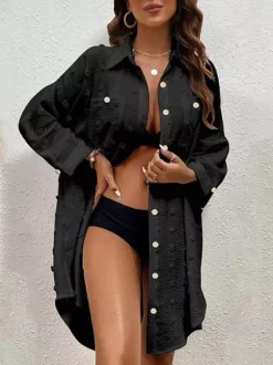 Blouse For Women Deep Blue Turndown Collar Chic Buttons Half Sleeves Tops