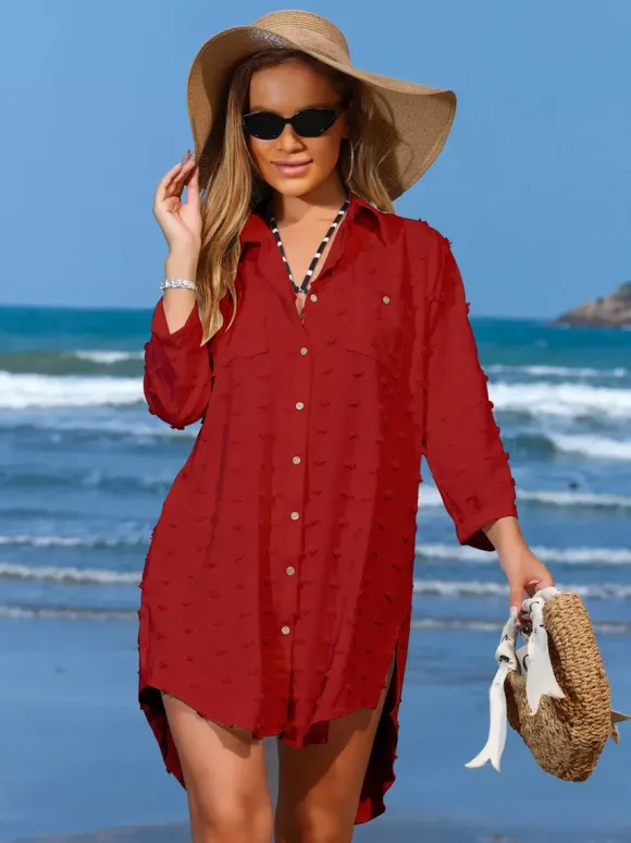 Blouse For Women Deep Blue Turndown Collar Chic Buttons Half Sleeves Tops