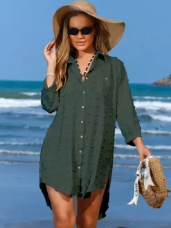Blouse For Women Deep Blue Turndown Collar Chic Buttons Half Sleeves Tops