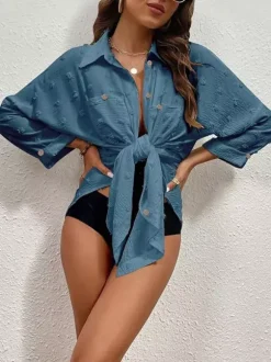 Blouse For Women Deep Blue Turndown Collar Chic Buttons Half Sleeves Tops