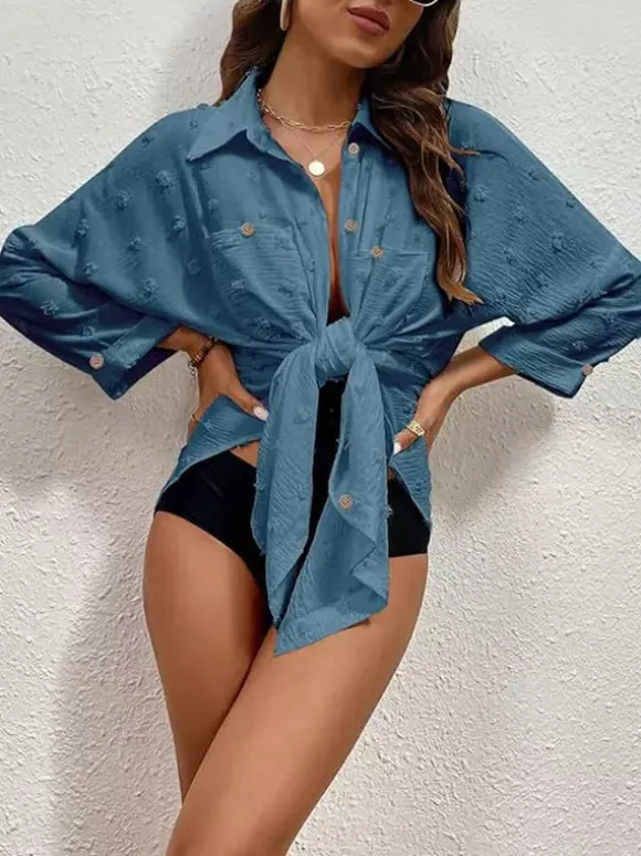 Blouse For Women Deep Blue Turndown Collar Chic Buttons Half Sleeves Tops