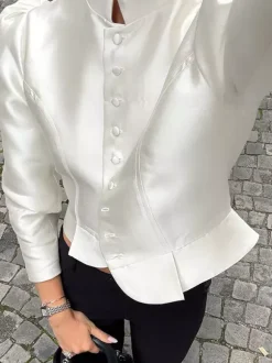Blouse For Women Gold Buttons Stand Collar Chic Long Sleeves Tops