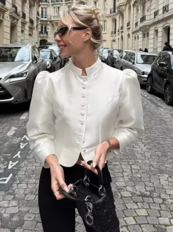 Blouse For Women Gold Buttons Stand Collar Chic Long Sleeves Tops