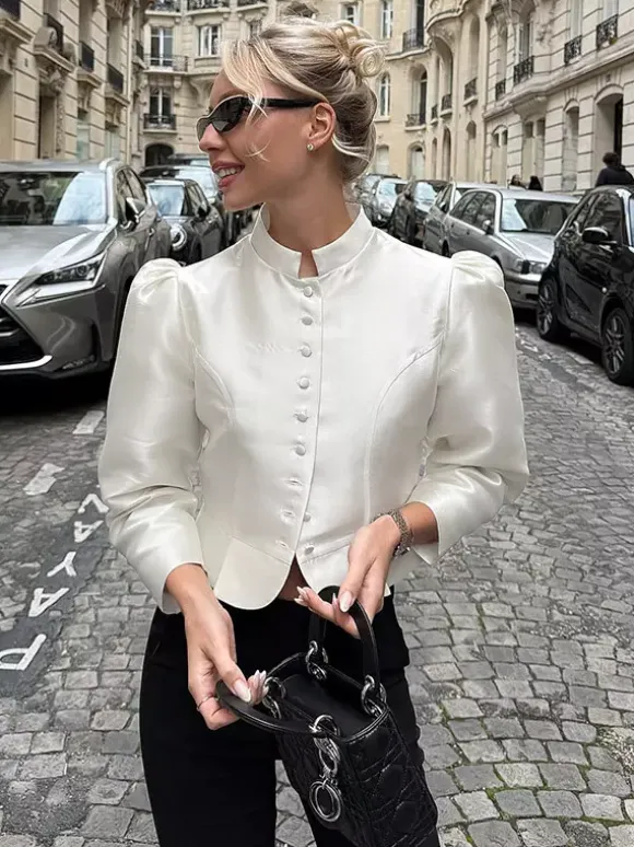 Blouse For Women Gold Buttons Stand Collar Chic Long Sleeves Tops