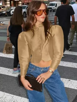 Blouse For Women Gold Buttons Stand Collar Chic Long Sleeves Tops