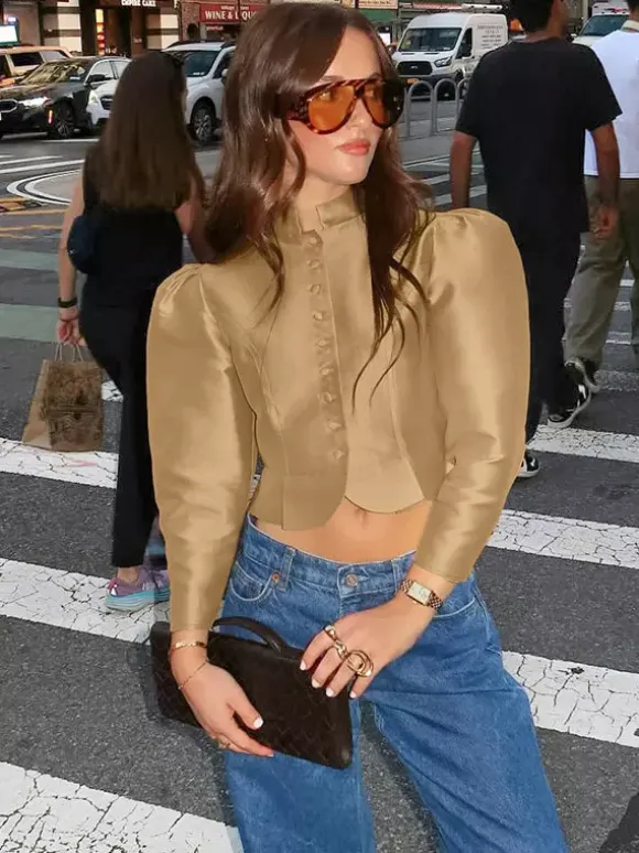 Blouse For Women Gold Buttons Stand Collar Chic Long Sleeves Tops