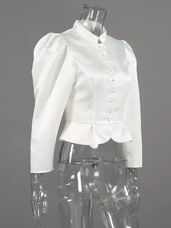 Blouse For Women Gold Buttons Stand Collar Chic Long Sleeves Tops