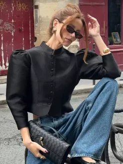 Blouse For Women Gold Buttons Stand Collar Chic Long Sleeves Tops