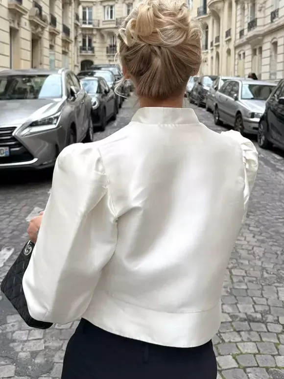 Blouse For Women Gold Buttons Stand Collar Chic Long Sleeves Tops