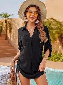 Blouse For Women Pink Turndown Collar Clothes Casual Lace Up Buttons 3/4 Length Sleeves Tops