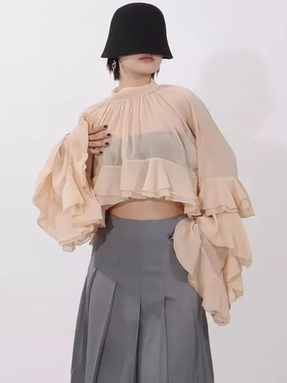 Blouse For Women Salmon Clothes Ruffles Pleated High Collar Chic Long Sleeves Tops