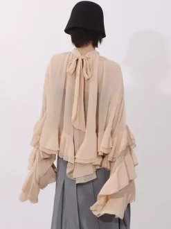 Blouse For Women Salmon Clothes Ruffles Pleated High Collar Chic Long Sleeves Tops