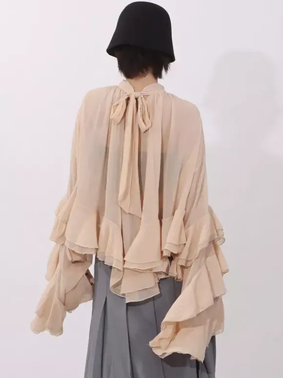 Blouse For Women Salmon Clothes Ruffles Pleated High Collar Chic Long Sleeves Tops