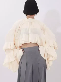 Blouse For Women Salmon Clothes Ruffles Pleated High Collar Chic Long Sleeves Tops