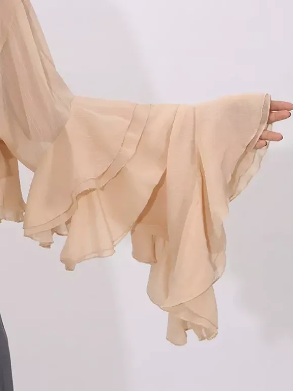 Blouse For Women Salmon Clothes Ruffles Pleated High Collar Chic Long Sleeves Tops