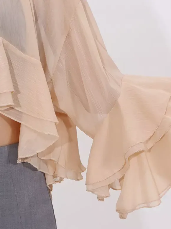 Blouse For Women Salmon Clothes Ruffles Pleated High Collar Chic Long Sleeves Tops