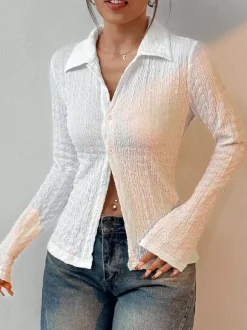 Blouse For Women White Buttons Turndown Collar Casual Long Sleeves Tops