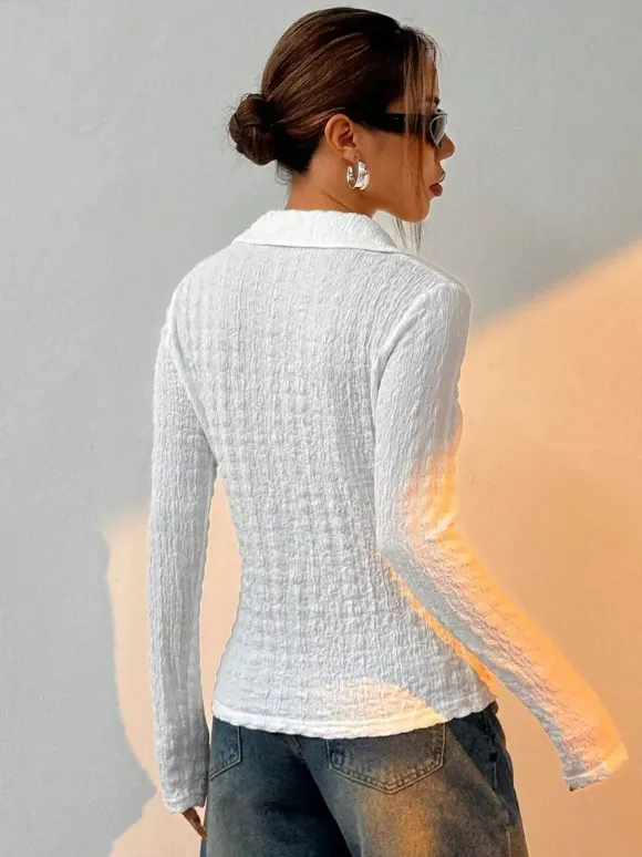 Blouse For Women White Buttons Turndown Collar Casual Long Sleeves Tops
