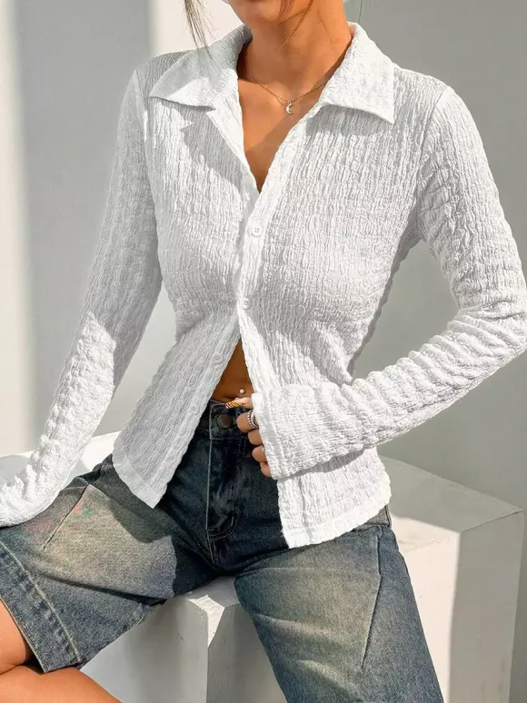 Blouse For Women White Buttons Turndown Collar Casual Long Sleeves Tops
