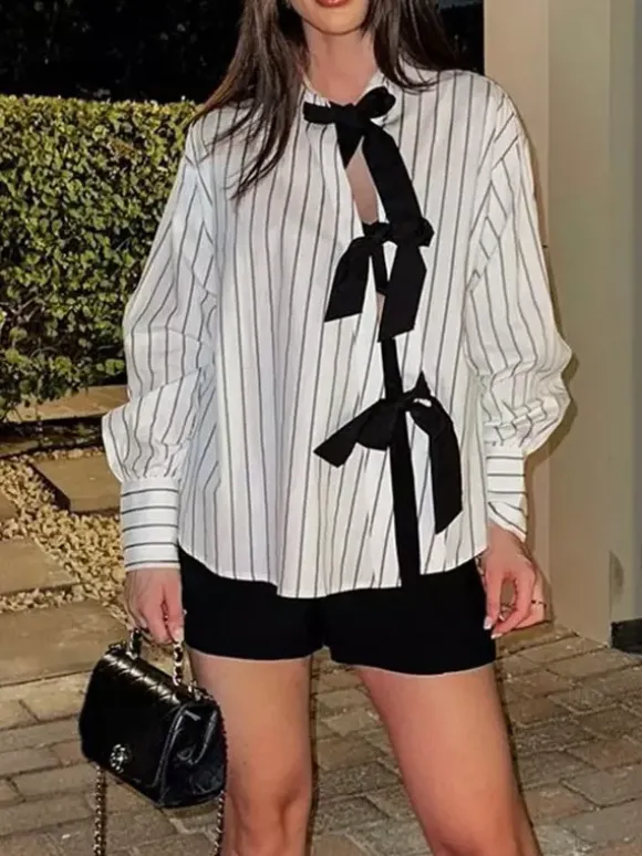 Blouse For Women White Turndown Collar Clothes Casual Bows Long Sleeves Tops