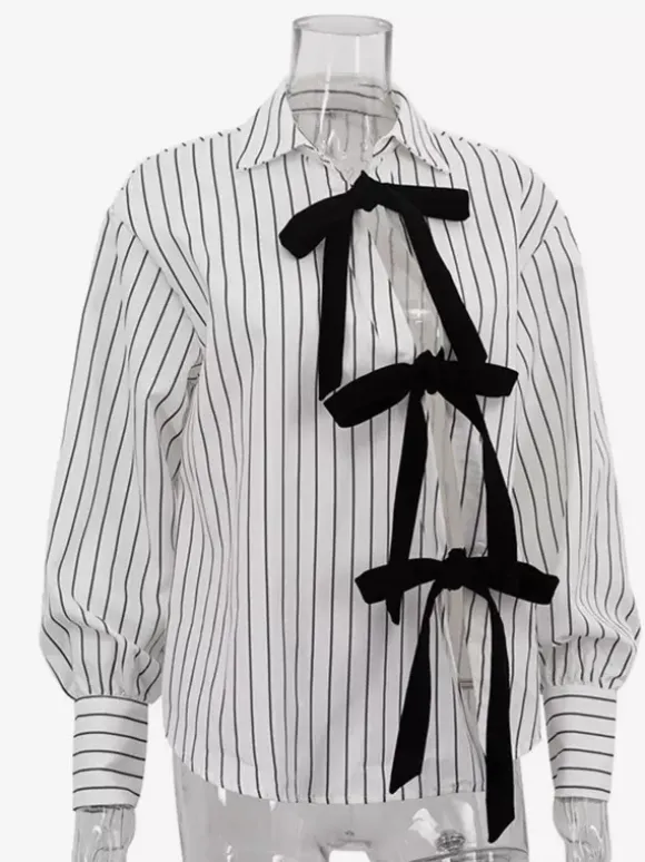 Blouse For Women White Turndown Collar Clothes Casual Bows Long Sleeves Tops