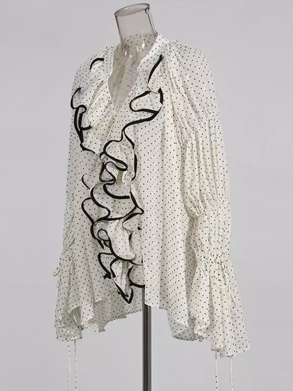 Blouse For Women White V-Neck Clothes Chic Lace Up Ruffles Long Sleeves Tops
