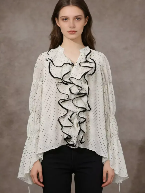 Blouse For Women White V-Neck Clothes Chic Lace Up Ruffles Long Sleeves Tops