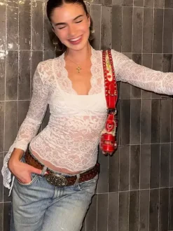 Blouse For Women White V-Neck Pleated Sexy Lace Long Sleeves Tops
