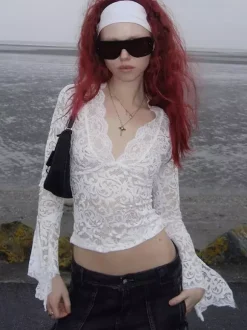 Blouse For Women White V-Neck Pleated Sexy Lace Long Sleeves Tops