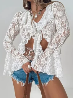 Blouse For Women White V-Neck Casual Lace Long Sleeves Tops