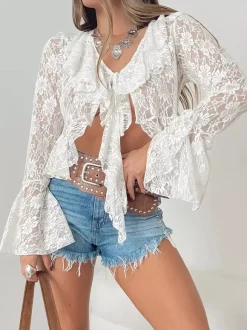 Blouse For Women White V-Neck Casual Lace Long Sleeves Tops