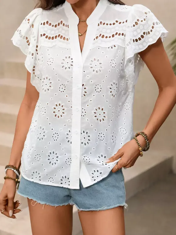 Blouse For Women White V-Neck Casual Cut Out Short Sleeves Summer Tops