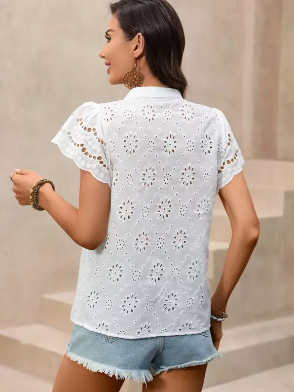 Blouse For Women White V-Neck Casual Cut Out Short Sleeves Summer Tops