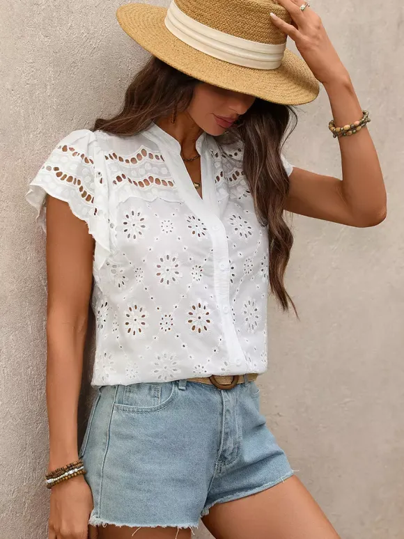 Blouse For Women White V-Neck Casual Cut Out Short Sleeves Summer Tops
