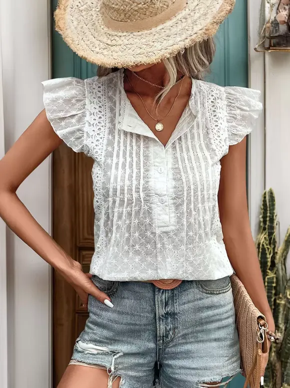 Blouse Ruffles Sleeves Buttons Boho-Inspired Summer Casual Blouse