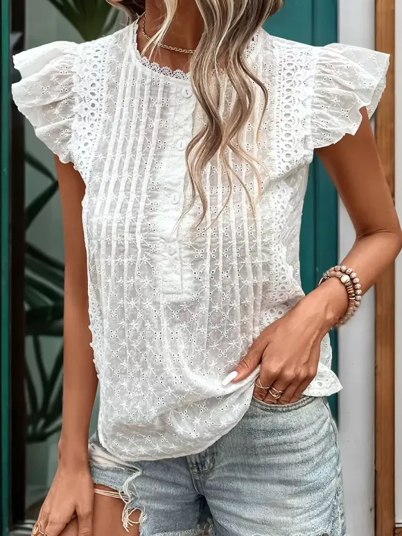 Blouse Ruffles Sleeves Buttons Boho-Inspired Summer Casual Blouse