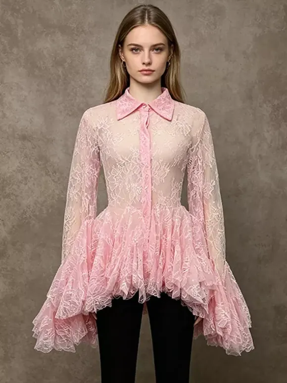 Blouse For Women Apricot Lace Ruffles Turndown Collar Elegant Long Sleeves Tops