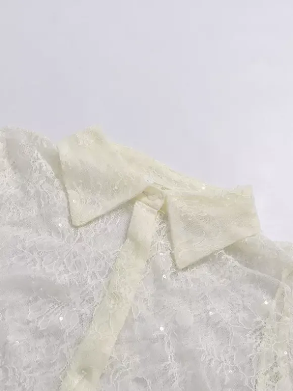 Blouse For Women Apricot Lace Ruffles Turndown Collar Elegant Long Sleeves Tops