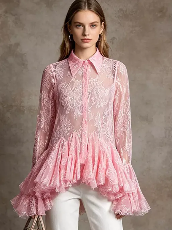 Blouse For Women Apricot Lace Ruffles Turndown Collar Elegant Long Sleeves Tops